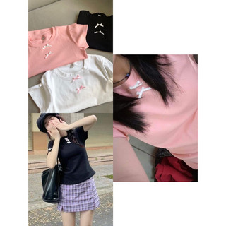Áo thun nữ cổ tròn tay ngắn đính nơ dáng vừa cotton co giãn phong cách baby tee basic