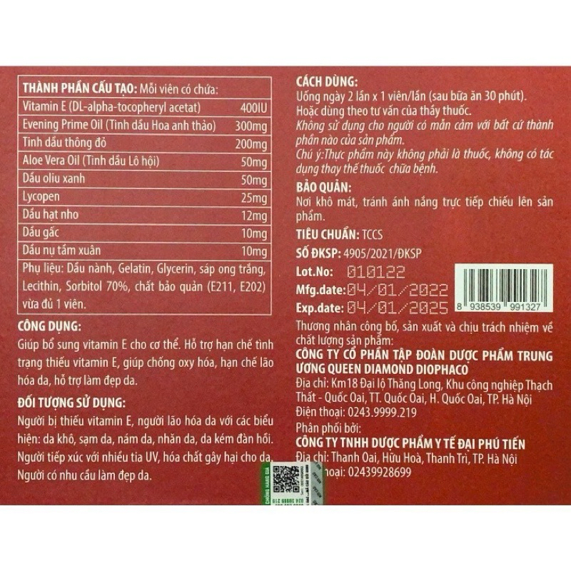 [Set 2 Lọ] VITAMIN E ĐỎ - Tinh Dầu Hoa Anh Thảo, giúp làm đẹp da chống lão hoá hạn chế nám, chính hãng an toàn hiệu quả
