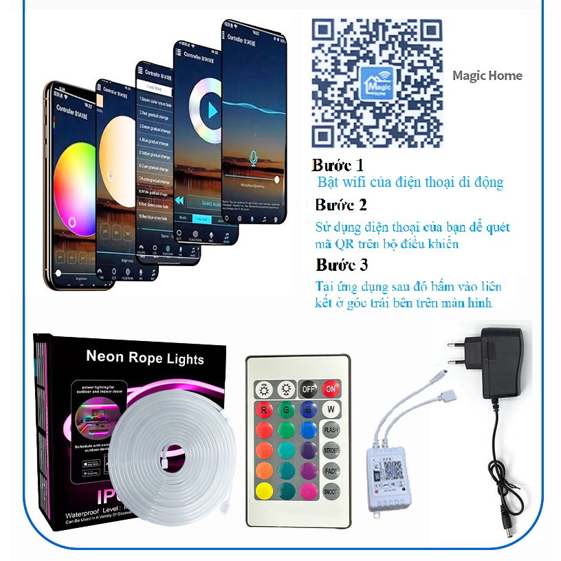 BỘ ĐÈN NEON 5 MÉT , 10 MÉT RGB ĐỔI MÀU SILICON 6*12 SỬ DỤNG APP ĐIỆN THOẠI QUA WIFI VÀ BÀN ĐIỀU KHIỂ