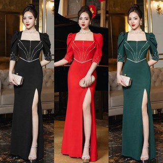 Đầm dạ hội thiết kế cổ vuông tay lửng kết pha lê cao cấp- tặng hoa tai
