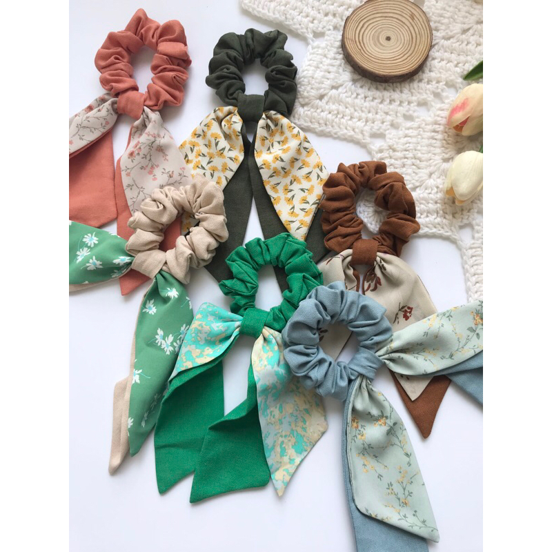 Dây cột tóc vải nơ dài scrunchies nơ xinh xắn dễ thương buộc tóc tiểu thư vintage Châu May handmade