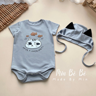 Set body và mũ cover Hàn mèo xám cộc tay cho bé