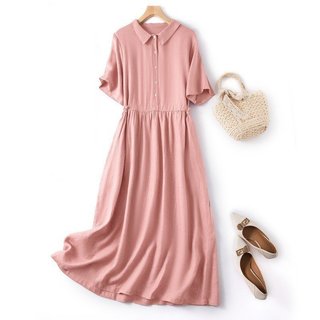 Đầm sơ mi dáng suông màu hồng tươi trẻ, chất linen mới Đũi Việt