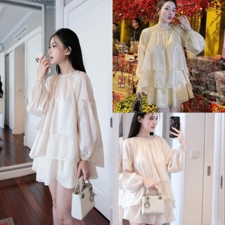 Set áo 2 tầng cổ đính ngọc,mix chân váy chất tơ xước cao cấp