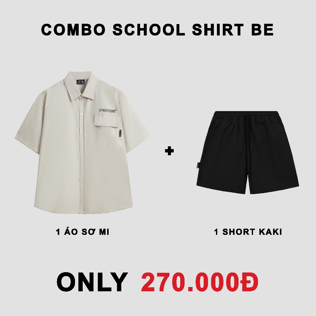 COMBO TIẾT KIỆM Áo Sơ Mi Tay Ngắn Màu Be Thêu U.TEE STUDIO và Short Kaki Unisex Form Rộng