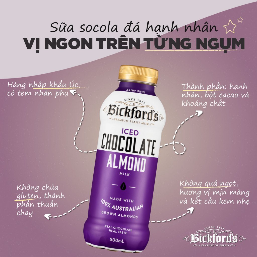 Sữa chocolate hạnh nhân Bickford's chai 500ml - Nhập khẩu Úc