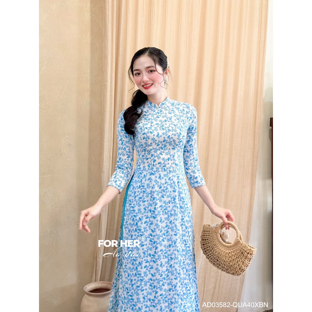 Áo dài FOR HER hoa nhí xanh dương AD03582