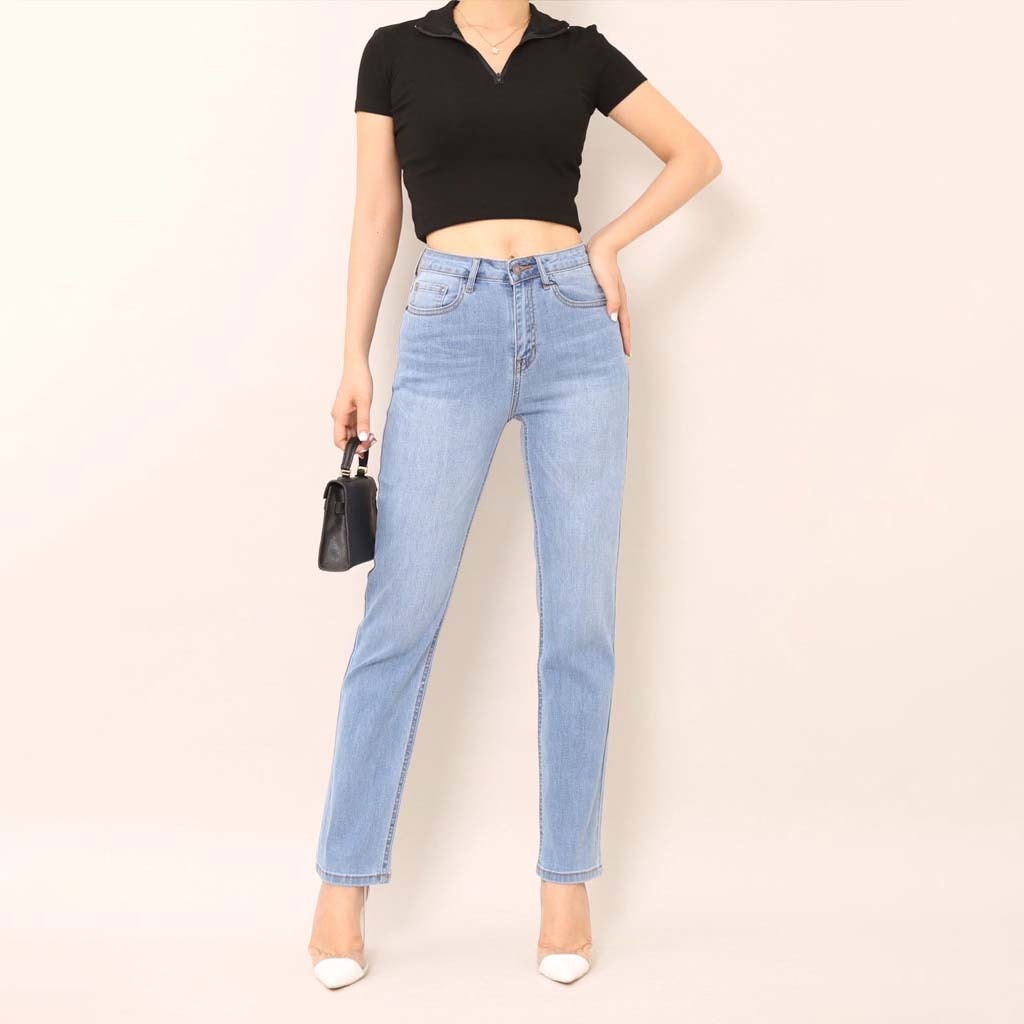 Quần jean ống suông basic cạp cao chất vải thoáng khí co giãn 4 chiều CP47, CT JEANS