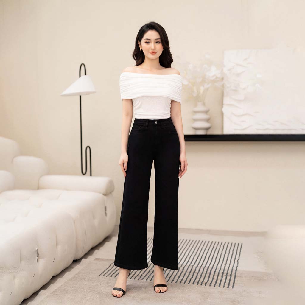 Quần Jean Ống Rộng Lưng Cao Phong Cách Basic Năng Động, Nữ Tính 3 Màu Xanh Đen Trắng Tùy Chọn Cp49, Ct Jeans