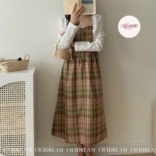Set váy hai dây xòe chữ A dáng dài kẻ caro nhiều màu đi biển, Đầm maxi 2 dây buộc nơ dáng xoè kẻ kèm áo cadigan