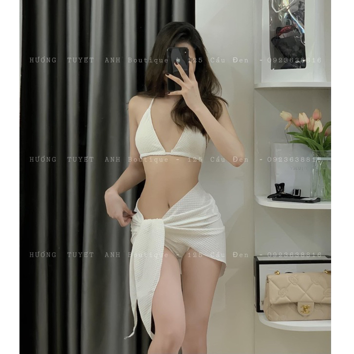 Set bikini đi biển áo có mút kèm quần kèm khăn choàng đi bơi biển G218