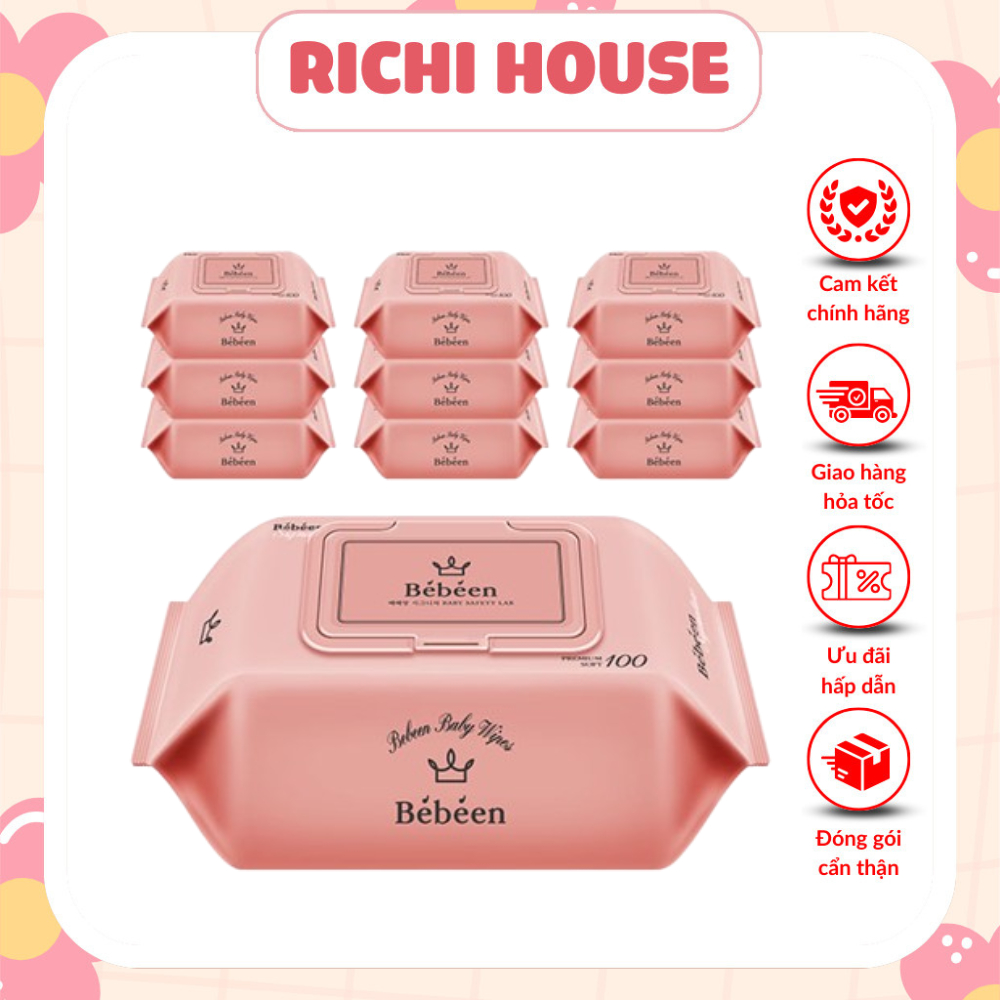 Gói Lẻ Khăn Giấy Ướt Bebeen Hàn Quốc Xanh Lá (3 Lớp)/Hồng (4 Lớp) - 100 Tờ - Không Mùi Không Hóa Chất An Toàn Cho Baby