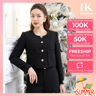 Áo Dạ Text Dáng Ngắn NK FASHION Thiết Kế Cổ Tròn Phối 2 Túi Thanh Lịch Chất Liệu Vải Nhập Hàn Cao Cấp NKAK2211003