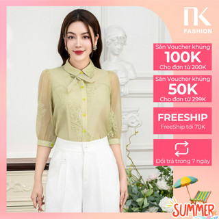 Áo Sơ Mi Cổ Đức Thêu Hoa Nơ Phối Cổ Tay Lỡ NK Fashion Thiết Kế Trẻ Trung, Năng Động Chất Vải Thoáng Mát NKSM2401009