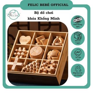 Bộ đồ chơi mở khóa Khổng Minh, Đồ chơi khóa Lỗ Ban phát triển trí thông minh 9 món, Đồ chơi khóa gỗ Puzzle Wooden Locks