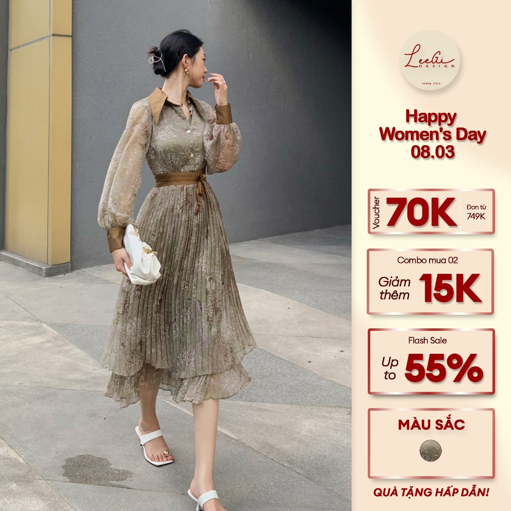Váy sơ mi voan phối cổ nâu LeeGi Design phong cách sang trọng nữ tính Min0091