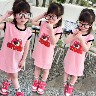 Váy cotton gấu mặt Hồng cho bé gái