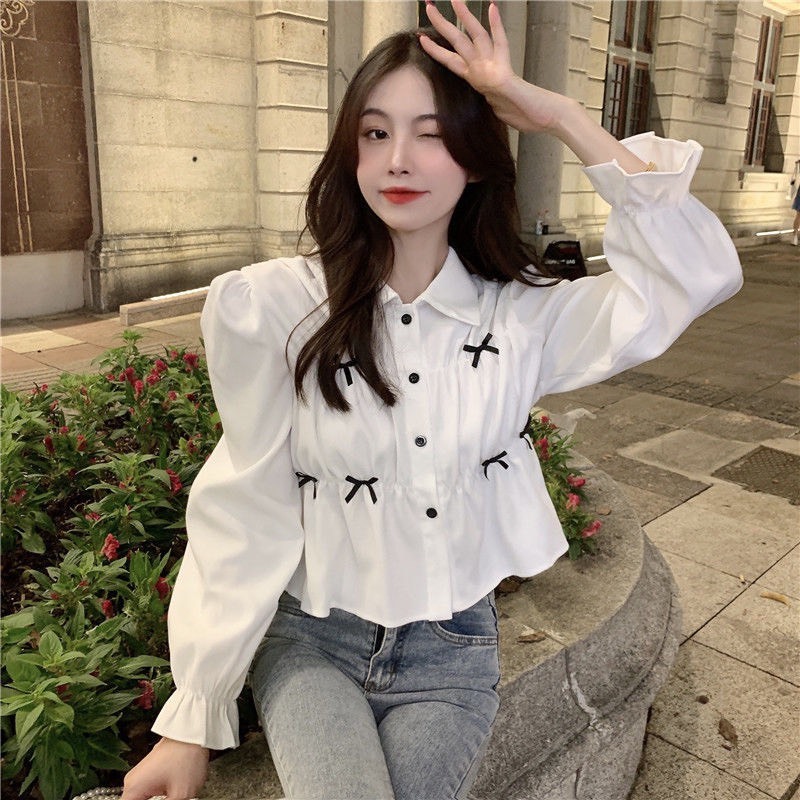 Áo sơ mi nữ tay dài  đính nơ dáng lửng bo chun tiểu thư H4 Gloria shop