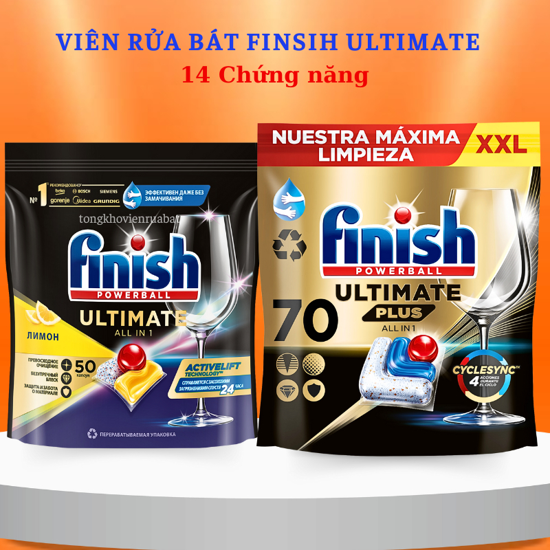 Viên rửa bát Finish Quantum Ultimate all in one 100,70,60 viên cao cấp, Bột bóng muối viên rửa chén Finish dùng cho máy