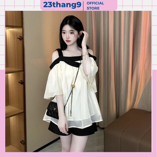 Set đồ nữ , set đồ trễ vai babydoll màu kem 2 dây phối quần short tafta phong cách hàn quốc chất voan tơ 23thang9 B785