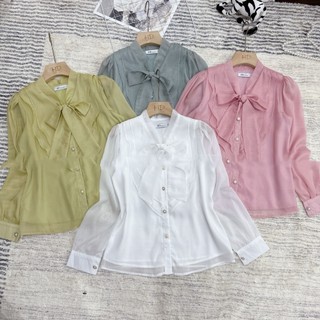 Áo sơ mi tơ cổ nơ cúc ngọc kèm bèo min house