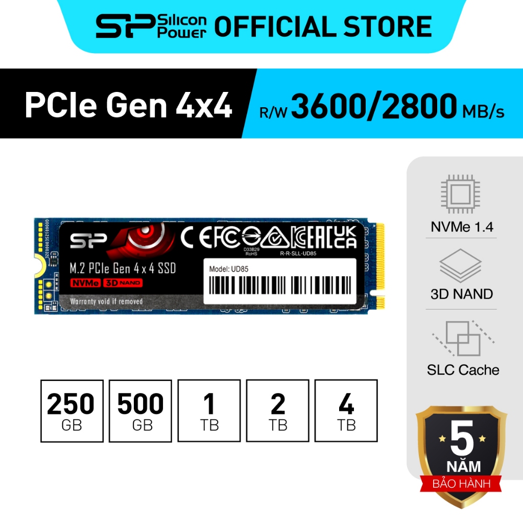 Ổ cứng SSD M2 NVME Silicon Power Đọc/Viết tối đa 3600Mb/s 2400Mb/s PCIE Gen4x4 UD85 250GB/500GB/1TB/2TB - Bảo hành 5NĂM