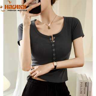 Áo phông nữ Haviss cổ vuông sâu cộc tay phối cúc bấm form đẹp vải mềm mịn co dãn tốt thời trang trẻ trung năng động