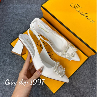 Giày cao gót nữ phối khoá ngọc hở gót 5 phân gót vuông sang chảnh chất xịn mã TA0303