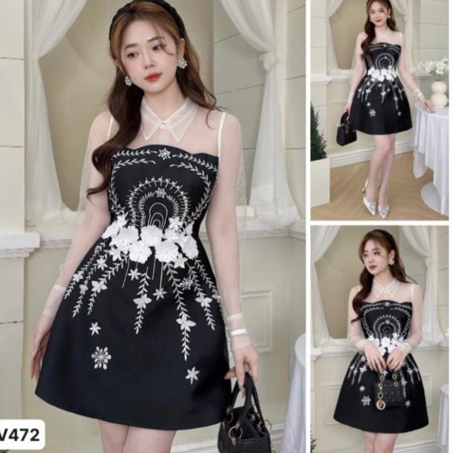 đầm đen tafta phối ren lưới cổ sơ mi dài tay nữ tính