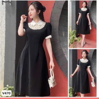 V470 Váy đen xòe cổ sen viền trắng nữ tính [TH Hà Thanh] đầm xòe đen midi phối cổ ren công sở