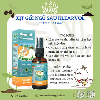 Xịt gối ngủ sâu Klearvol...( Cho bé từ 3 tháng )