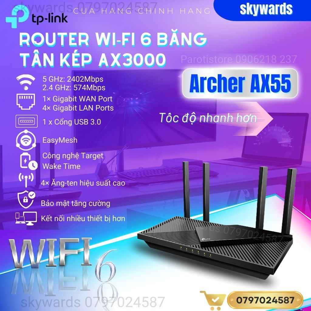 Bộ Router Wifi TP-Link công nghệ Wi-fi 6 Băng Tần Kép AX3000 Archer AX55 _Chính hãng, mới 100%