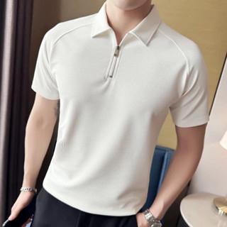  Áo thun polo nam Zahan tay ngắn cổ bẻ phối dây khóa kéo thanh lịch vải gân sần cotton co giãn thấm hút mô hôi tốt 