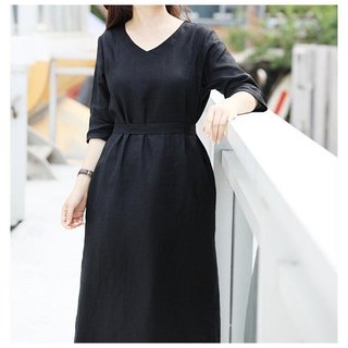 Đầm LINEN thiết kế thắt eo màu đen sang trọng