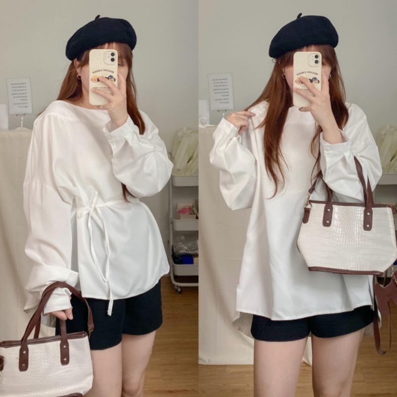 [AE133] ÁO SƠ MI LỆCH VAI KÈM DÂY MIX THẮT EO metwo.dearu - Áo sơ mi babydoll cổ rộng dày dặn ulzzang tiểu thư Hàn Quốc