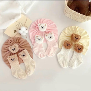  SET TURBAN MŨ KÈM TẤT CỔ CAO HÌNH GẤU XINH XẮN CHO BÉ TRAI BÉ GÁI SƠ SINH 0-12 THÁNG 