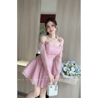 Váy Thiết Kế Trễ Vai Dây Chéo Đính Hoa Dáng Ngắn Tôn Dáng Cho Nàng .