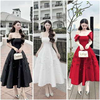 Đầm xoè cúp phối lưới bet vai đính hoa dự tiệc