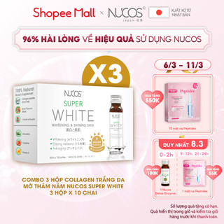 Combo 3 hộp nước uống collagen trắng da mờ thâm nám Nucos Super White 50ml x 3 x 10 chai