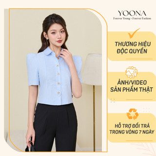 Áo sơ mi thiết kế kẻ xanh tay ngắn bồng nhẹ dáng croptop trẻ trung YOONA - NH2C135