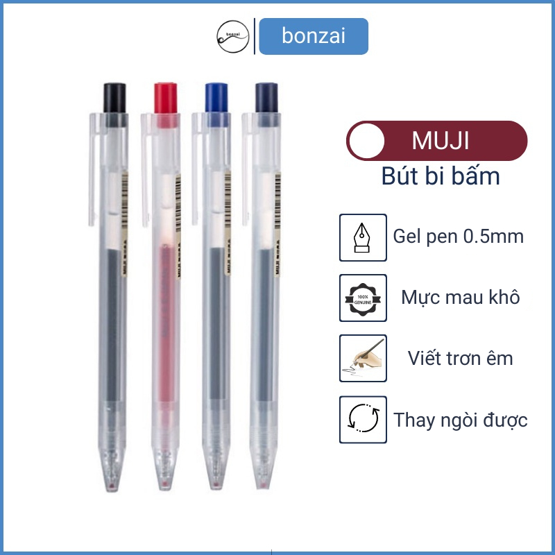 Bút gel bấm Muji ngòi 0,5 mm viết trơn êm.