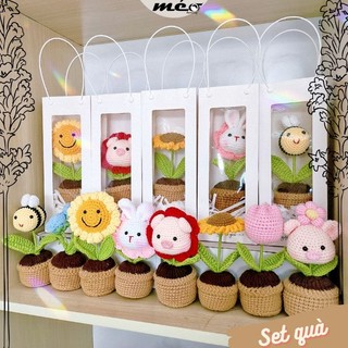 Chậu hoa len để bàn Handmade kèm hộp tặng bạn bè người thân làm quà kỉ niệm hình dáng đáng yêu
