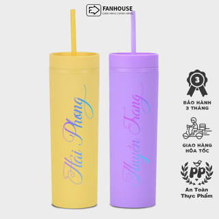 Bình nước pastel 2 lớp chất liệu PP cao cấp BPA Free cách nhiệt 2-3h Fan House decal tên, tặng ống hút,n