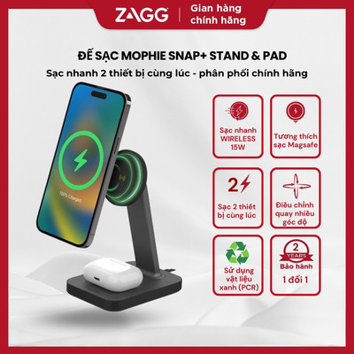 Đế sạc Mophie Snap + Stand & Pad - Sạc nhanh Magsafe 15W 2 thiết bị cùng lúc - Bảo hành 2 năm