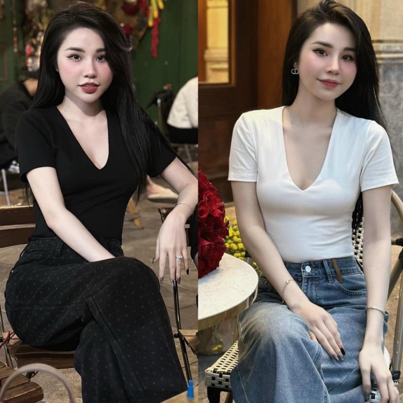Áo thun nữ đẹp cổ V chất cotton co giãn, Áo Cổ Tim Nữ đẹp