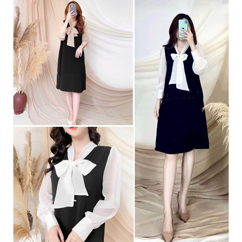 Váy bầu, đầm bầu công sở cổ buộc nơ thu đông dài tay B07