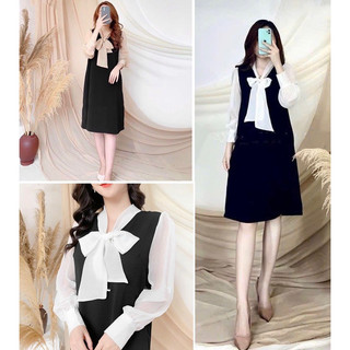 Váy bầu, đầm bầu công sở cổ buộc nơ thu đông dài tay B07