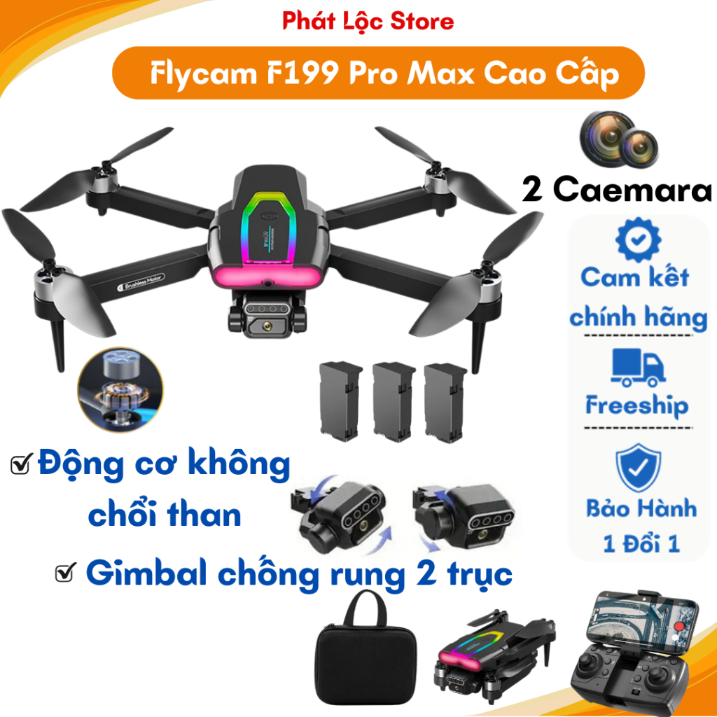 Playcam Mini F199 Pro Max Cảm Biến Tránh Vật Cản, Máy Bay Flycam 4k Camera Chống Rung 2 Trục, Bay Xa 1000m