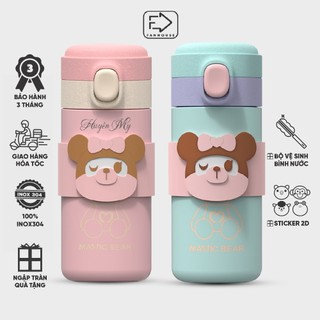 Bình nước cho bé 350ml nhỏ gọn bình giữ nhiệt hình gấu inox 304 an toàn sức khoẻ Fan House tặng bộ rửa bình