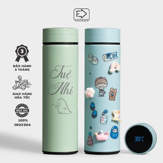 Bình giữ nhiệt cao cấp 500ml inox 304 bình nước có màn led hiển thị nhiệt độ, ngăn hãm trà Fan House khắc tên tặng túi
